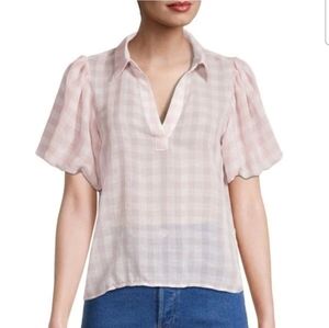 NWT Laundry By Shelli Segal Pink Plaid Sheer Blouse Top Puff Sleeve Size XL